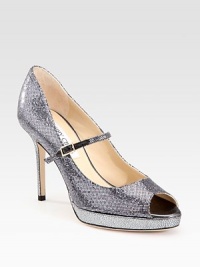 Glitter fabric gives the shine to this smart, Mary Jane platform style.Self-covered heel, 3¾ (95mm) Covered platform, ½ (15mm) Compares to a 3¼ heel (80mm) Peep toe Buckled strap Leather lining and sole Padded insole Made in Italy Glitter fabric gives the shine to this smart, Mary Jane platform style.Self-covered heel, 3¾ (95mm) Covered platform, ½ (15mm) Compares to a 3¼ heel (80mm) Peep toe Buckled strap Leather lining and sole Padded insole Made in Italy