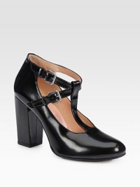 A strong heel lifts this timeless Mary Jane pump of shiny leather with adjustable, crisscrossed ankle straps. Self-covered heel, 4 (100mm)Shiny leather upperAdjustable ankle strapsLeather lining and solePadded insoleImported A strong heel lifts this timeless Mary Jane pump of shiny leather with adjustable, crisscrossed ankle straps. Self-covered heel, 4 (100mm)Shiny leather upperAdjustable ankle strapsLeather lining and solePadded insoleImported