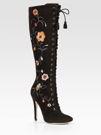 Lace-up design of suede with elegant floral embroidery, chic tassels and a sky-high heel. Self-covered heel, 4¾ (120mm)Shaft, 14¼Leg circumference, 13Suede upper with floral embroideryBack ZipLeather lining and solePadded insoleMade in ItalyOUR FIT MODEL RECOMMENDS ordering one size up as this style runs small. Lace-up design of suede with elegant floral embroidery, chic tassels and a sky-high heel. Self-covered heel, 4¾ (120mm)Shaft, 14¼Leg circumference, 13Suede upper with floral embroideryBack ZipLeather lining and solePadded insoleMade in ItalyOUR FIT MODEL RECOMMENDS ordering one size up as this style runs small.