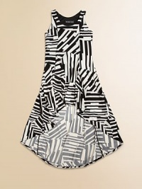 Your pretty, pretty princess will look the part in this stunning, sleeveless frock with a trendy hi-lo hem and geometric design.ScoopneckSleevelessPullover stylePrincess seamsHi-lo hemPolyester/spandexMachine washMade in the USA of imported fabric Your pretty, pretty princess will look the part in this stunning, sleeveless frock with a trendy hi-lo hem and geometric design.ScoopneckSleevelessPullover stylePrincess seamsHi-lo hemPolyester/spandexMachine washMade in the USA of imported fabric