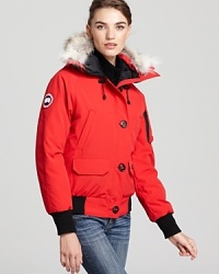 A bomber silhouette shows off a sporty look from outerwear expert Canada Goose. A bomber silhouette shows off a sporty look from outerwear expert Canada Goose.