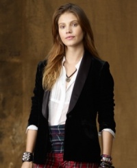 Rendered in a plush velvet, Denim & Supply menswear-inspired tuxedo jacket is a classic addition to any wardrobe for vintage-inspired style. Rendered in a plush velvet, Denim & Supply menswear-inspired tuxedo jacket is a classic addition to any wardrobe for vintage-inspired style.
