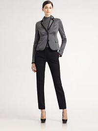 Tailored trousers are finished with a smooth, flat front.Hook-and-bar and front zip closure Belt loops Creases down center front of legs Darts at back waist Insem, about 30 99% wool/1% nylon Dry clean Made in Switzerland Tailored trousers are finished with a smooth, flat front.Hook-and-bar and front zip closure Belt loops Creases down center front of legs Darts at back waist Insem, about 30 99% wool/1% nylon Dry clean Made in Switzerland