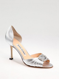 Shimmering nappa leather, in the most elegant, flattering shape, is adorned with a buckle of sparkling crystals.Self-covered heel, 4 (100mm) Peep toe Leather lining and sole Padded insole Made in ItalyOUR FIT MODEL RECOMMENDS ordering one half size up as this style runs small. Shimmering nappa leather, in the most elegant, flattering shape, is adorned with a buckle of sparkling crystals.Self-covered heel, 4 (100mm) Peep toe Leather lining and sole Padded insole Made in ItalyOUR FIT MODEL RECOMMENDS ordering one half size up as this style runs small.