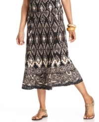 Warm up the season in this striking JM Collection skirt, featuring a tribal-inspired diamond print. Create an eye-catching ensemble with the matching top! Warm up the season in this striking JM Collection skirt, featuring a tribal-inspired diamond print. Create an eye-catching ensemble with the matching top!