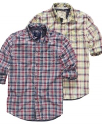 Time to prep! Classic plaid on this Guess shirt add a pop of preppy to any outfit. Time to prep! Classic plaid on this Guess shirt add a pop of preppy to any outfit.