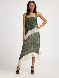 Airy silk chiffon in a asymmetrical tiered shift, printed in a photo-realistic cable pattern.Wide strapsSquare necklineAsymmetrical overlayVented asymmetrical hemSide zipperAbout 31 from natural waistSilkDry cleanMade in USA of imported fabricModel shown is 5'10 (177cm) wearing US size 4. Airy silk chiffon in a asymmetrical tiered shift, printed in a photo-realistic cable pattern.Wide strapsSquare necklineAsymmetrical overlayVented asymmetrical hemSide zipperAbout 31 from natural waistSilkDry cleanMade in USA of imported fabricModel shown is 5'10 (177cm) wearing US size 4.