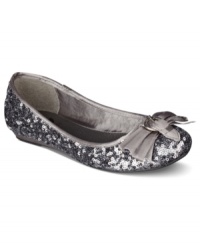 Such a delicious little shoe. G by Guess's Fruity Flats are covered in sequins and topped with a cute shiny bow. Such a delicious little shoe. G by Guess's Fruity Flats are covered in sequins and topped with a cute shiny bow.