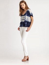 A luxe blend of cotton and modal, draped effortlessly in muted tie-dye colorblock.BoatneckDropped shouldersShort sleevesFlat frontShirttail hem50% Pima cotton/50% modalMachine washImportedModel shown is 5'8½ (174cm) wearing US size Small. A luxe blend of cotton and modal, draped effortlessly in muted tie-dye colorblock.BoatneckDropped shouldersShort sleevesFlat frontShirttail hem50% Pima cotton/50% modalMachine washImportedModel shown is 5'8½ (174cm) wearing US size Small.