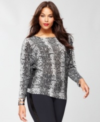 Snakeskin print goes downtown with a raglan-sleeve plus size top from INC! There's a surprise in back, too -- a slightly sheer solid inset!