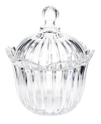 Enhance your favorite sweets with the sparkling sophistication of Alexandria. With a striking fluted edge and lid, this Crystal Clear candy dish puts old world elegance at the top of your menu. Enhance your favorite sweets with the sparkling sophistication of Alexandria. With a striking fluted edge and lid, this Crystal Clear candy dish puts old world elegance at the top of your menu.