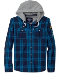 Button up this Either Or plaid shirt from Ecko Unltd and when it gets cold you can throw on the attached hood. Button up this Either Or plaid shirt from Ecko Unltd and when it gets cold you can throw on the attached hood.