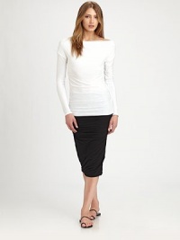 Signature twisted jersey gives a contour-hugging shape to this slim pencil silhouette.Elastic waistbandAllover ruchingPull-on styleAbout 25 long94% cotton/6% LycraMachine washMade in USA of imported fabricModel shown is 5'9½ (176cm) wearing US size Small. Signature twisted jersey gives a contour-hugging shape to this slim pencil silhouette.Elastic waistbandAllover ruchingPull-on styleAbout 25 long94% cotton/6% LycraMachine washMade in USA of imported fabricModel shown is 5'9½ (176cm) wearing US size Small.