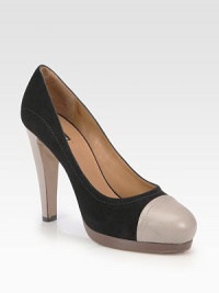 This elegant suede and leather pump proves opposites attract with contrast stitching and a timeless cap toe. Leather-covered heel, 4¾ (120mm)Stacked platform, 1 (25mm)Compares to a 3¾ heel (95mm)Suede upper with leather cap toeLeather liningLeather and rubber solePadded insoleMade in ItalyThis style runs true to size. We recommend ordering your usual size for a standard fit. This elegant suede and leather pump proves opposites attract with contrast stitching and a timeless cap toe. Leather-covered heel, 4¾ (120mm)Stacked platform, 1 (25mm)Compares to a 3¾ heel (95mm)Suede upper with leather cap toeLeather liningLeather and rubber solePadded insoleMade in ItalyThis style runs true to size. We recommend ordering your usual size for a standard fit.