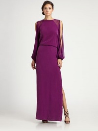 Sheer, blouson split sleeves lend drama to this floor-length silhouette.Jewel necklineLong, sheer split raglan sleevesSide slitBack keyholeConcealed side zipFully linedAbout 47 from natural waistSilkDry cleanImportedModel shown is 5'10 (177cm) wearing US size Small. Sheer, blouson split sleeves lend drama to this floor-length silhouette.Jewel necklineLong, sheer split raglan sleevesSide slitBack keyholeConcealed side zipFully linedAbout 47 from natural waistSilkDry cleanImportedModel shown is 5'10 (177cm) wearing US size Small.