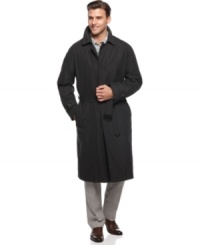 A traditional, expertly tailored raincoat in soft polyester microfiber. Concealed placket with button-down closure and adjustable belt. Adjustable button closure cuffs. Zip-out quilted lining with two inside pockets that communicate with exerior pockets. A traditional, expertly tailored raincoat in soft polyester microfiber. Concealed placket with button-down closure and adjustable belt. Adjustable button closure cuffs. Zip-out quilted lining with two inside pockets that communicate with exerior pockets.