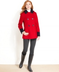 Tailored outerwear that you can wear again and again: colorblocking gives Nautica's hooded pea coat a modern update. Tailored outerwear that you can wear again and again: colorblocking gives Nautica's hooded pea coat a modern update.