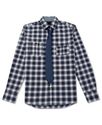 Get checked out in this plaid shirt with matching tie by No Retreat with unique chest pockets and get checked in with style. Get checked out in this plaid shirt with matching tie by No Retreat with unique chest pockets and get checked in with style.