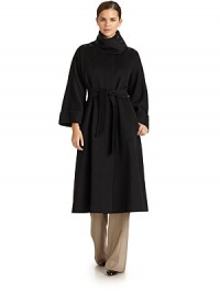 THE LOOKStanding collar with side buttonsFront button placket closureSelf-tie beltLong fold-over sleevesSide slit pocketsTHE FITAbout 47 from shoulder to hemTHE MATERIAL90% virgin wool/10% cashmereCARE & ORIGINDry cleanMade in ItalyModel shown is 5'9½ (176cm) wearing US size 4. THE LOOKStanding collar with side buttonsFront button placket closureSelf-tie beltLong fold-over sleevesSide slit pocketsTHE FITAbout 47 from shoulder to hemTHE MATERIAL90% virgin wool/10% cashmereCARE & ORIGINDry cleanMade in ItalyModel shown is 5'9½ (176cm) wearing US size 4.