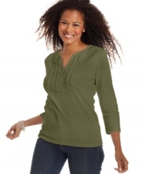 Karen Scott reinvents the everyday cotton tee with chic pleated ruffles and a faux henley placket. Pair it with jeans for easy style. Karen Scott reinvents the everyday cotton tee with chic pleated ruffles and a faux henley placket. Pair it with jeans for easy style.