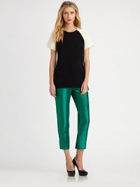 Richly textured with an elegant luster, this slim, cropped style is as flattering as it is modern.Smooth waistband with extended tab and hidden closureBelt loopsZip flyFlat frontBack welt pocketsSlim fitSilk-blend liningInseam, about 27PolyesterDry cleanImportedSIZE & FITModel shown is 5'9 (175cm) wearing US size 4. Richly textured with an elegant luster, this slim, cropped style is as flattering as it is modern.Smooth waistband with extended tab and hidden closureBelt loopsZip flyFlat frontBack welt pocketsSlim fitSilk-blend liningInseam, about 27PolyesterDry cleanImportedSIZE & FITModel shown is 5'9 (175cm) wearing US size 4.