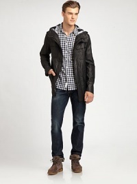 Functional hood fashioned with a striped interior tops this casual-cool style. Zip frontHidden snap-button placketAttached hoodFront flap-snap pocketsSnap cuffsAbout 31 from shoulder to hem70% cotton/30% nylonDry cleanImported Functional hood fashioned with a striped interior tops this casual-cool style. Zip frontHidden snap-button placketAttached hoodFront flap-snap pocketsSnap cuffsAbout 31 from shoulder to hem70% cotton/30% nylonDry cleanImported