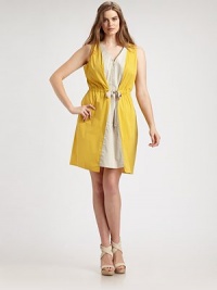 From its beyond-feminine neckline and ladylike grosgrain belt to its comfortable drawstring waist and convenient pockets, this on-trend, colorblock dress has everything you need to make a chic first impression this season. V-neckSleevelessZip frontComfortable drawstring waistWelt pocketsAbout 39 from shoulder to hem68% acetate/27% nylon/5% spandexMachine washImported From its beyond-feminine neckline and ladylike grosgrain belt to its comfortable drawstring waist and convenient pockets, this on-trend, colorblock dress has everything you need to make a chic first impression this season. V-neckSleevelessZip frontComfortable drawstring waistWelt pocketsAbout 39 from shoulder to hem68% acetate/27% nylon/5% spandexMachine washImported