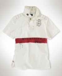 Rendered in rustic utility cotton for a vintage feel, a trim-fitting rugby shirt boasts an exploration-driven design with channel-quilted stitching and Asian-inspired graphics. Rendered in rustic utility cotton for a vintage feel, a trim-fitting rugby shirt boasts an exploration-driven design with channel-quilted stitching and Asian-inspired graphics.