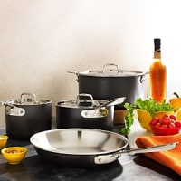 With five-ply aluminum and 18/10 stainless steel construction for easy cleaning, non-reactive cooking, even heat distribution and durability. Handsome hard-anodized exterior and stay-cool handles with high-yield rivets that hold securely. Dishwasher safe. Set includes: 10 fry pan, 3qt covered saute pan, 2qt covered saucepan and 8qt covered stockpot.