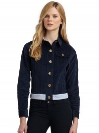 THE LOOKButton closure collarButton-down placketGoldtone buttonsLong sleeves with cuffsTwo chest flap pocketsTwo slash side pocketsStriped trim on hemTHE FITStretch fitTHE MATERIAL98% cotton/2% spandexCARE & ORIGINMachine washImported THE LOOKButton closure collarButton-down placketGoldtone buttonsLong sleeves with cuffsTwo chest flap pocketsTwo slash side pocketsStriped trim on hemTHE FITStretch fitTHE MATERIAL98% cotton/2% spandexCARE & ORIGINMachine washImported