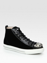 Velvet and patent leather design finished with a rhinestone metal toe cap. Rubber platform, 1½ (40mm)Velvet and patent leather upper with a rhinestone-covered metal toe capLeather liningRubber solePadded insoleMade in Italy Velvet and patent leather design finished with a rhinestone metal toe cap. Rubber platform, 1½ (40mm)Velvet and patent leather upper with a rhinestone-covered metal toe capLeather liningRubber solePadded insoleMade in Italy