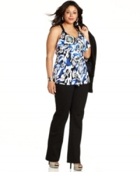 A ruffled front lends a romantic finish to Alfani's sleeveless plus size top-- dress it up with trousers or down with denim. A ruffled front lends a romantic finish to Alfani's sleeveless plus size top-- dress it up with trousers or down with denim.