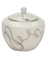 Sweet yet sophisticated, a loopy ribbon design sweeps across this porcelain covered sugar from Mikasa. Complete with sparkling platinum rims, this flirty pattern captivates everyone at your dinner table. Sweet yet sophisticated, a loopy ribbon design sweeps across this porcelain covered sugar from Mikasa. Complete with sparkling platinum rims, this flirty pattern captivates everyone at your dinner table.