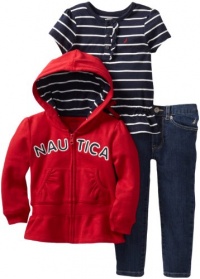 Nautica Sportswear Kids Girls 2-6X Knit Top and Denim Bottom Full Zip Hoodie Sweater Set, Deep Red, 4T