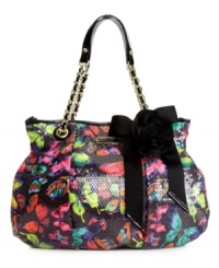 Vibrant colors and sparkling sequins add appeal to this fabulous tote from Betsey Johnson. Shiny goldtone hardware and a pretty ribbon accent perfectly complete this glam girl design. Vibrant colors and sparkling sequins add appeal to this fabulous tote from Betsey Johnson. Shiny goldtone hardware and a pretty ribbon accent perfectly complete this glam girl design.