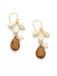 THE LOOKFaceted honey quartz detailsLeaf and small white round pearl accents18k yellow goldplated brassEar wireTHE MEASUREMENTLength, about 1ORIGINMade in USA