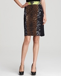 A glamorous take on safari chic, this Elie Tahari skirt boasts a roaring mix of animal prints offset by a neon waistband for modern edge. A glamorous take on safari chic, this Elie Tahari skirt boasts a roaring mix of animal prints offset by a neon waistband for modern edge.