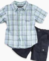 Cargo shorts and a plaid shirt from DKNY are the perfect pair to get him comfortably through the day. Cargo shorts and a plaid shirt from DKNY are the perfect pair to get him comfortably through the day.
