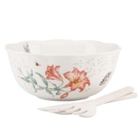 Lenox 820581 Butterfly Meadow Salad Bowl with Wood Servers, White Lenox 820581 Butterfly Meadow Salad Bowl with Wood Servers, White