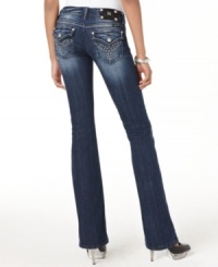 Get a curve-hugging fit with these Miss Me jeans, complete with a perfectly worn-in wash and flattering bootcut leg. Get a curve-hugging fit with these Miss Me jeans, complete with a perfectly worn-in wash and flattering bootcut leg.