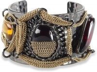 Jessica Simpson Hammered Hematite Cuff Bracelet with Large Cabachon Stones and Gold Tone Chainmail Jessica Simpson Hammered Hematite Cuff Bracelet with Large Cabachon Stones and Gold Tone Chainmail