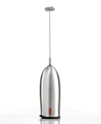 Coffee, café style... in the comfort of your home. Froth it up whenever you want to with an innovative tool that fits into the palm of your hand and creates a fluffy, delicious topping for drinks at the push of a button. The lightweight, ergonomic design and flexible steel wand allow for one-handed operation that puts gourmet goodness in your cup! Coffee, café style... in the comfort of your home. Froth it up whenever you want to with an innovative tool that fits into the palm of your hand and creates a fluffy, delicious topping for drinks at the push of a button. The lightweight, ergonomic design and flexible steel wand allow for one-handed operation that puts gourmet goodness in your cup!
