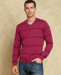 Heat up your cool-weather look with this sharp striped sweater from Tommy Hilfiger. Heat up your cool-weather look with this sharp striped sweater from Tommy Hilfiger.