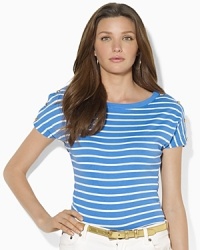 Maritime stripes are all aboard this soft slub jersey tee, rendered with breezy dolman sleeves and metal crest-embossed buttons for a decidedly nautical feel. Maritime stripes are all aboard this soft slub jersey tee, rendered with breezy dolman sleeves and metal crest-embossed buttons for a decidedly nautical feel.