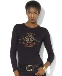 Lauren Ralph Lauren's timeless long-sleeved cotton tee is given a feminine touch with elegant beading and scrolling script at the front. Lauren Ralph Lauren's timeless long-sleeved cotton tee is given a feminine touch with elegant beading and scrolling script at the front.