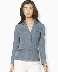 The Lauren Ralph Lauren blazer is flawlessly designed in a feminine, tailored silhouette from soft, faded and heavily distressed denim to create a beautiful vintage look with contemporary polish. The Lauren Ralph Lauren blazer is flawlessly designed in a feminine, tailored silhouette from soft, faded and heavily distressed denim to create a beautiful vintage look with contemporary polish.
