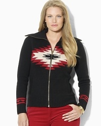 Drawing inspiration from the creative designs of the Southwest, this cozy wool-blend cardigan is accented with a bold Beacon pattern and oversized fold-over mockneck collar. Drawing inspiration from the creative designs of the Southwest, this cozy wool-blend cardigan is accented with a bold Beacon pattern and oversized fold-over mockneck collar.
