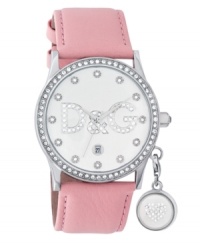 Completely charming. Glam watch by D&G crafted of pink leather strap and round stainless steel case with dangling crystal heart charm. Bezel embellished with crystal accents. White dial features crystal markers, large crystal-accented logo at center, date window at six o'clock and three hands. Quartz movement. Water resistant to 30 meters. Two-year limited warranty. Completely charming. Glam watch by D&G crafted of pink leather strap and round stainless steel case with dangling crystal heart charm. Bezel embellished with crystal accents. White dial features crystal markers, large crystal-accented logo at center, date window at six o'clock and three hands. Quartz movement. Water resistant to 30 meters. Two-year limited warranty.