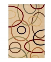 A playful array of interacting swirls in deep red, green, olive and blue against an ivory background creates a rug that is absorbing, abstract and lighthearted at the same time that it is elegant and modern. Color scheme and unique pattern make this rug versatile enough to complement any room. Hand carved of plush 100% New Zealand wool. A playful array of interacting swirls in deep red, green, olive and blue against an ivory background creates a rug that is absorbing, abstract and lighthearted at the same time that it is elegant and modern. Color scheme and unique pattern make this rug versatile enough to complement any room. Hand carved of plush 100% New Zealand wool.