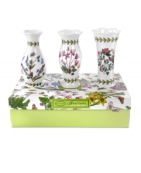 Portmeirion expands the beloved Botanic Garden pattern beyond the dining table with miniature vases for a shelf, armoire or mantel. Lifelike blooms and the classic triple-leaf border grace shapely white porcelain finished with a scalloped edge. Portmeirion expands the beloved Botanic Garden pattern beyond the dining table with miniature vases for a shelf, armoire or mantel. Lifelike blooms and the classic triple-leaf border grace shapely white porcelain finished with a scalloped edge.